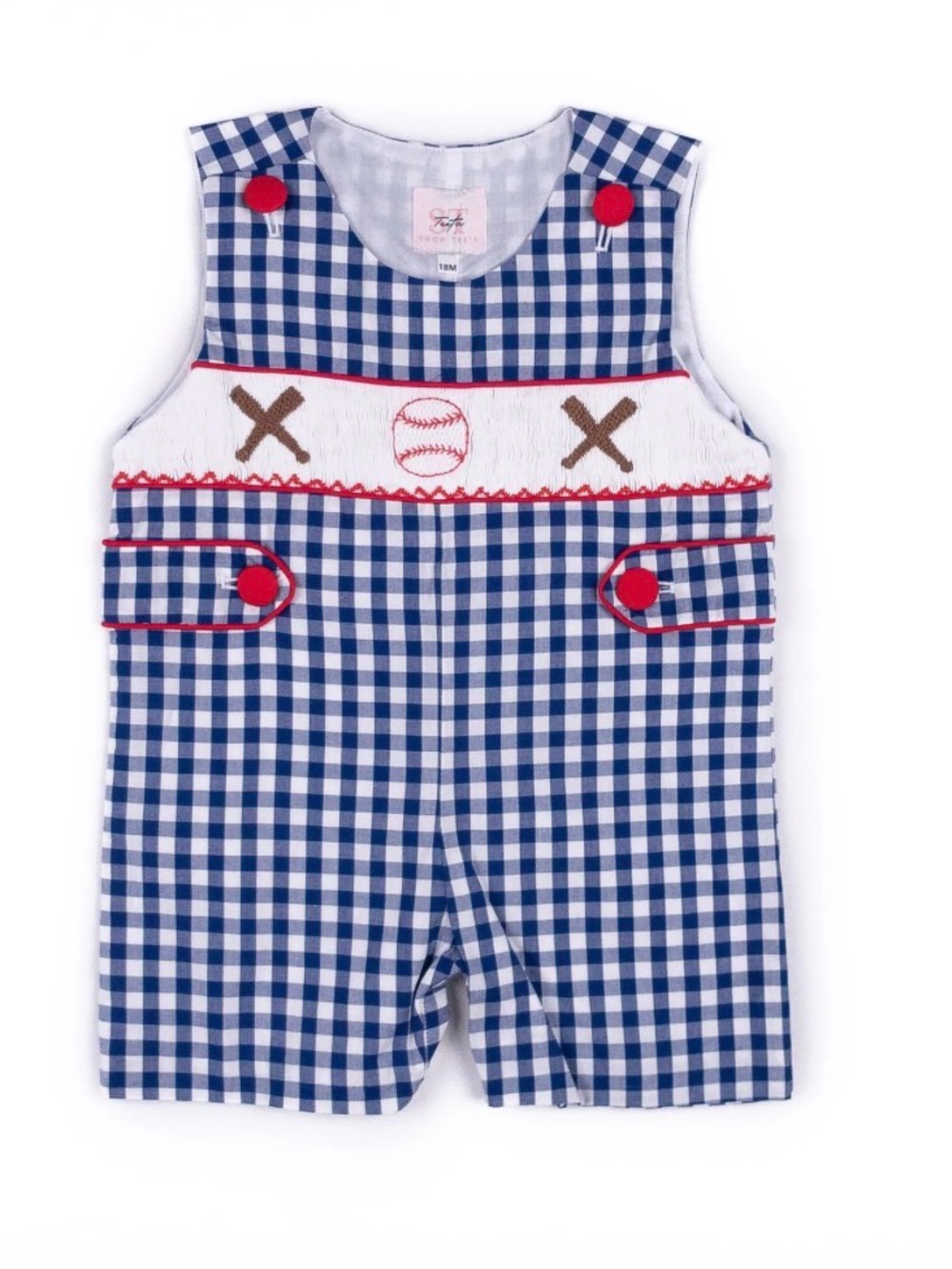 NWT Navy blue Gingham Smocked Baby Romper with Baseball Henry Jon Jon 6 months